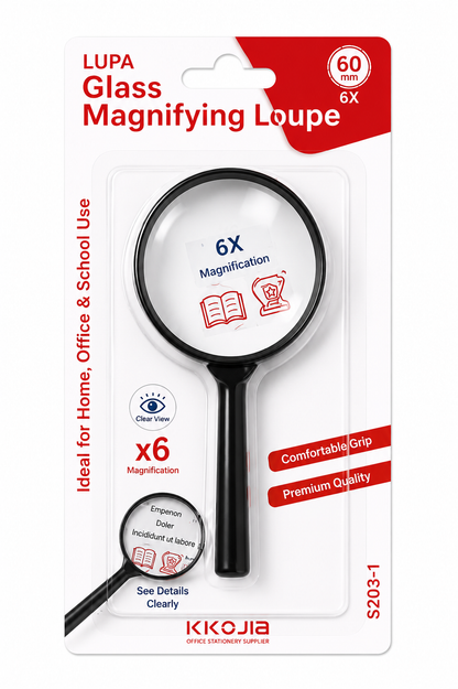 Handheld Magnifying Glass 6X Magnification – 60mm Optical Glass Lens