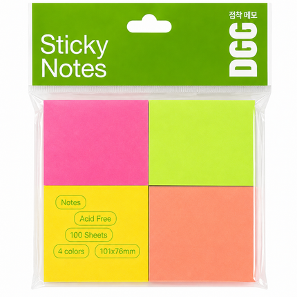 Sticky Notes 4 Color Pack – Neon Pink, Green, Yellow & Peach Memo Pads