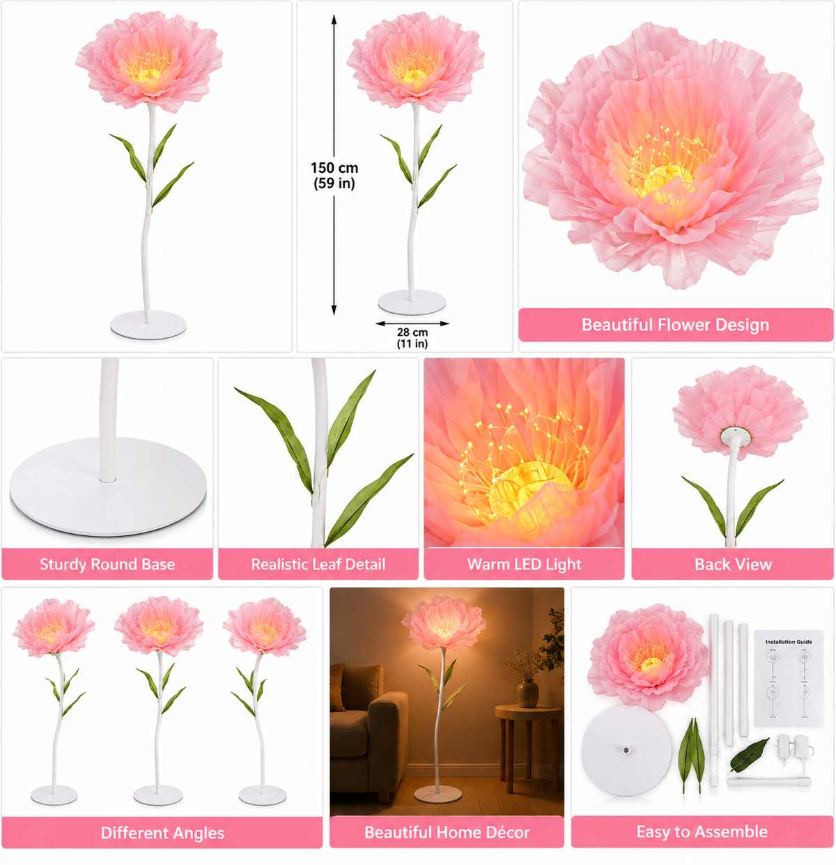 LED Giant Pink Artificial Flower Floor Lamp