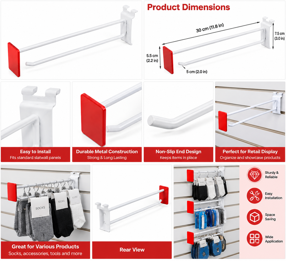 13-Inch White Metal Retail Display Hook with Red Label Holder