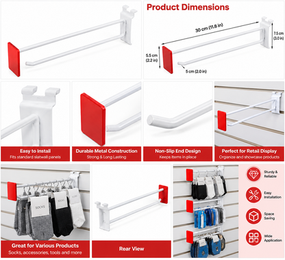 13-Inch White Metal Retail Display Hook with Red Label Holder