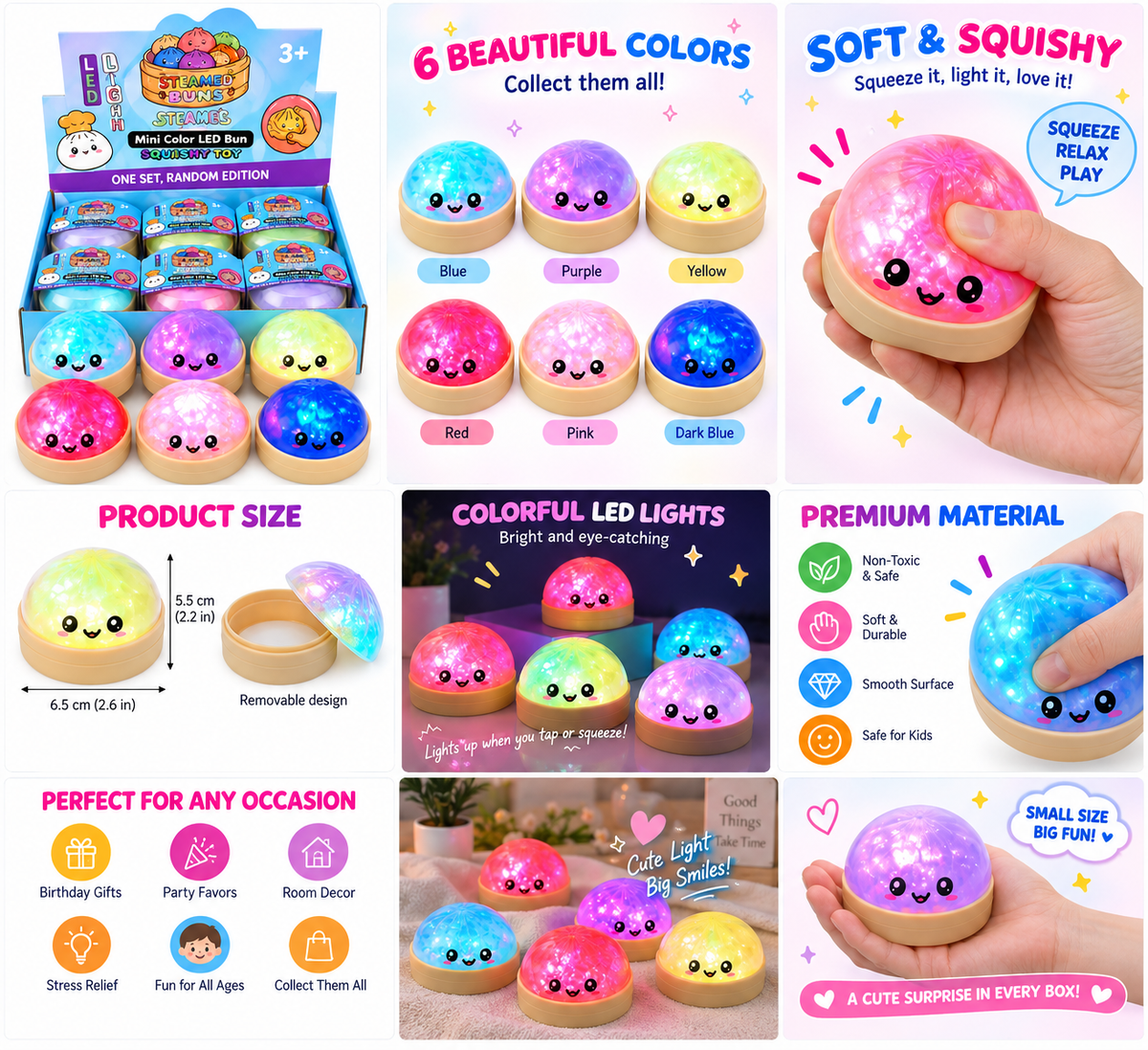 LED Steamed Bun Squishy Toy – Light-Up Colorful Sensory Stress Relief Toy