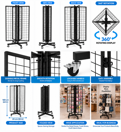 4-Sided Rotating Grid Display Rack with Wheels