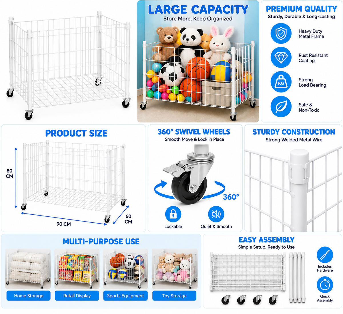 Rolling Wire Display Basket with Wheels – 70 × 50 × 65 cm