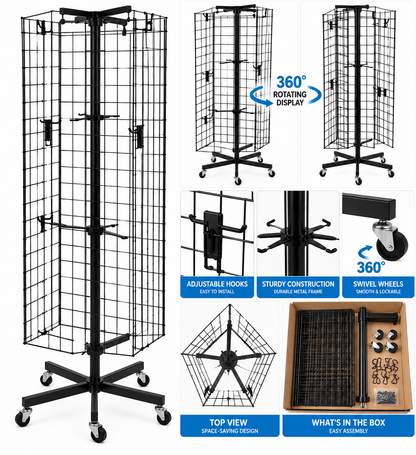4-Sided Rotating Wire Grid Display Rack with Wheels