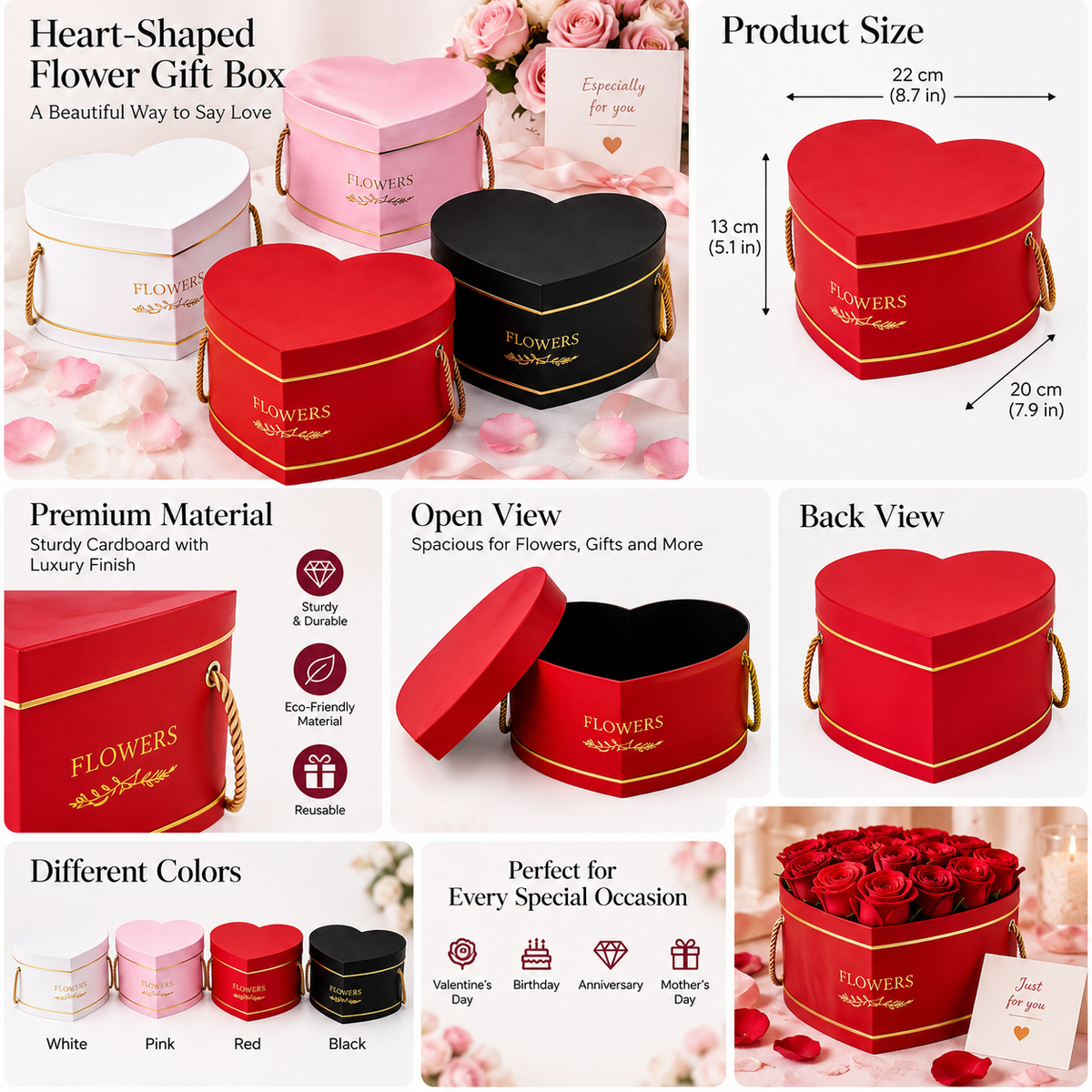 Heart-Shaped Flower Gift Box Set -Red, Pink, Black, White 12.99*12.80*4.53"