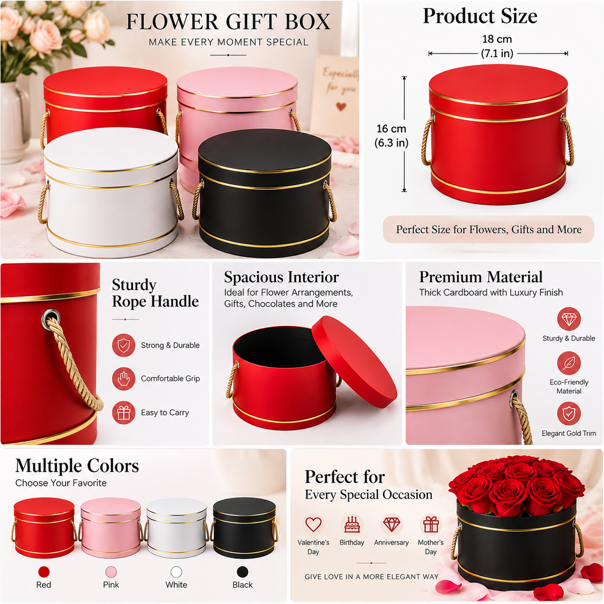 Round Gift Box with Lid & Rope Handle Gold Trim Pink, Red, White, Black 3ct - 8.46*7.99*4.53"