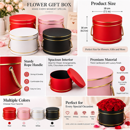 Round Gift Box with Lid & Rope Handle Gold Trim Pink, Red, White, Black 3ct - 8.46*7.99*4.53"
