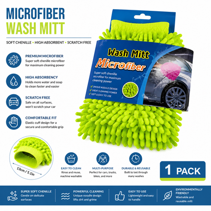 Premium Microfiber Wash Mitt (Clean Mop) - Neon Green