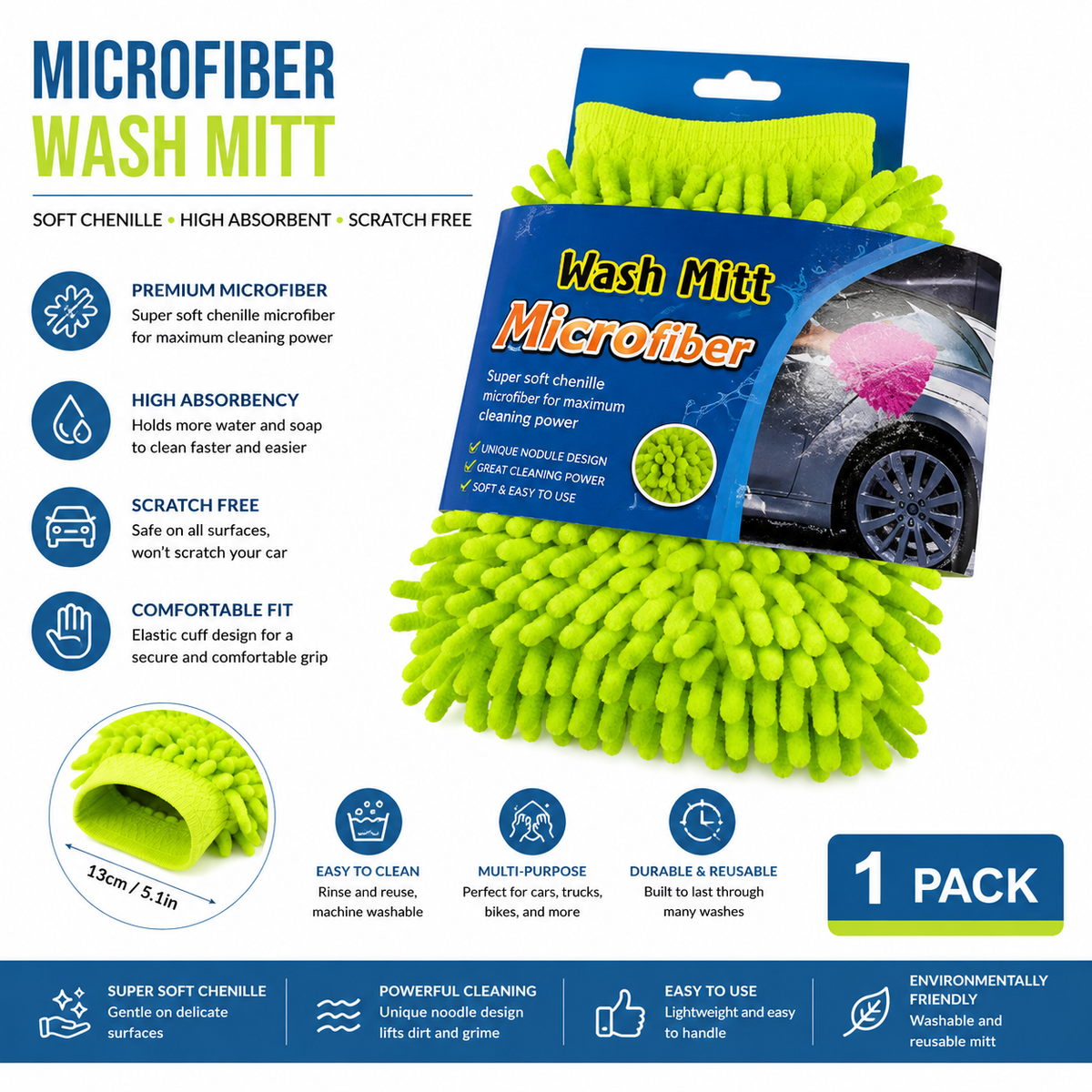 Premium Microfiber Wash Mitt (Clean Mop) - Neon Green