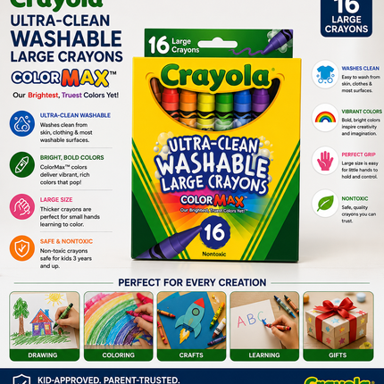 Crayola Ultra-Clean Washable Large Crayons, 16 Pack
