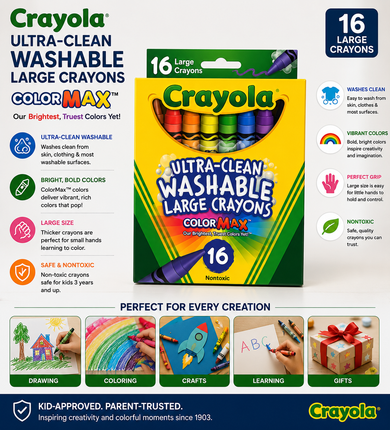 Crayola Ultra-Clean Washable Large Crayons, 16 Pack