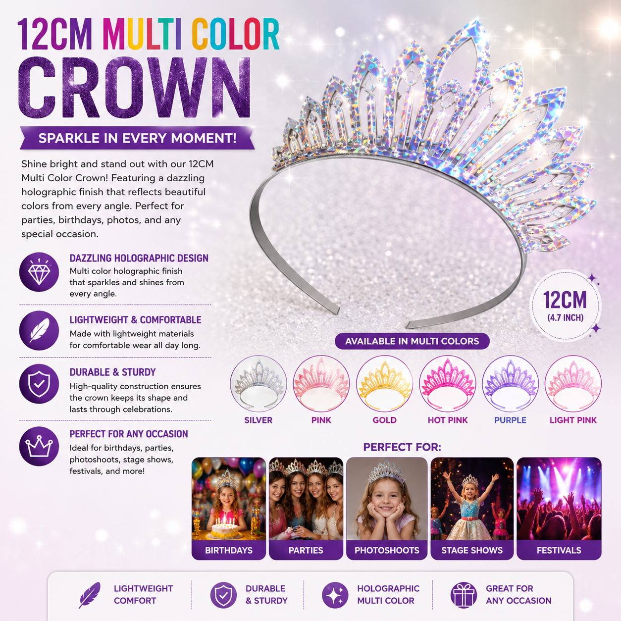 Multicolor Sparkle Tiara Crown Headband