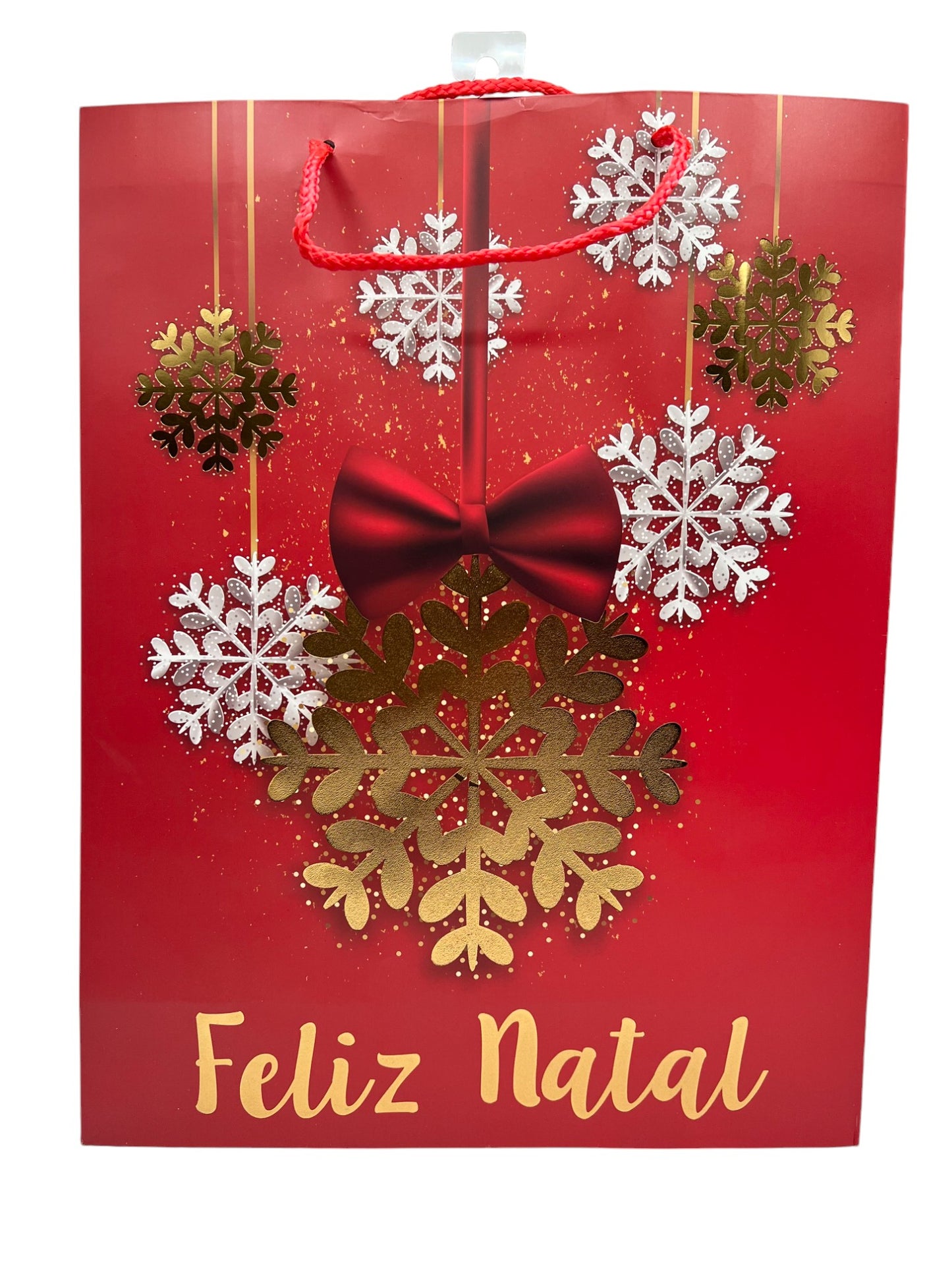 Festive Christmas Party Red & Gold Metallic Feliz Natal Holiday Gift Paper Bag  - Jumbo Size 31x40x12 cm