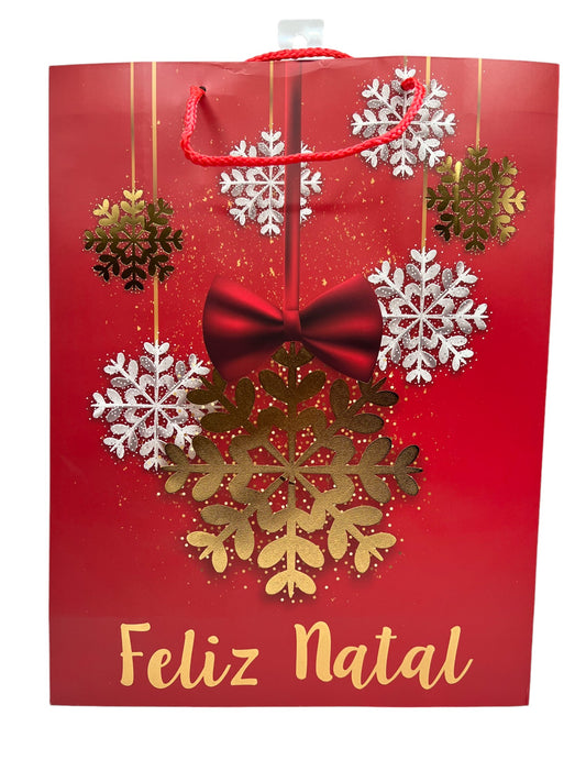 Festive Christmas Party Red & Gold Metallic Feliz Natal Holiday Gift Paper Bag  - Jumbo Size 31x40x12 cm