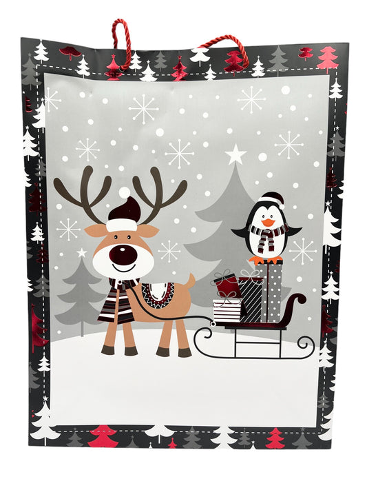 Festive Christmas Reindeer and Penguin Holiday Gift Party Paper Bag  - Jumbo Size 31x40x12 cm