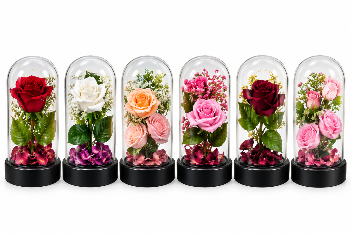 Rose Flower Glass Dome with LED Fairy Lights