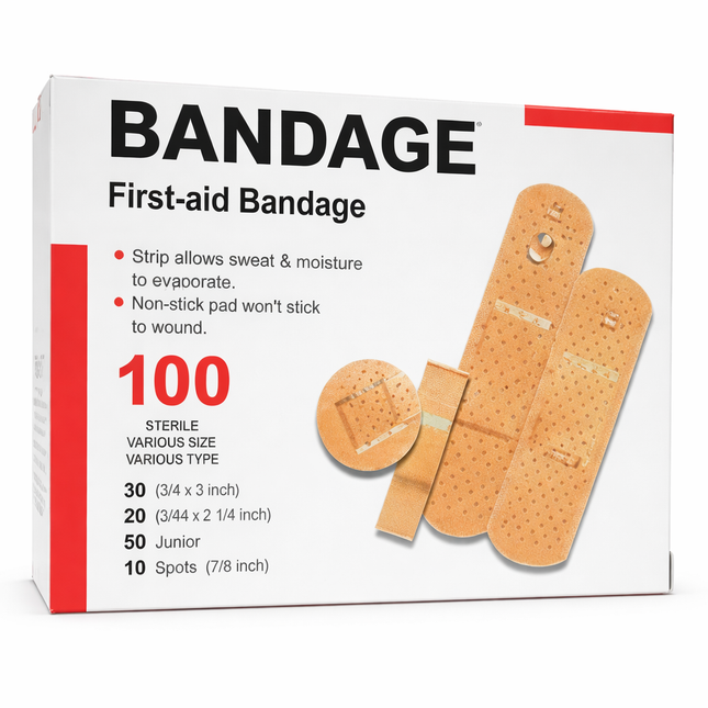 Adhesive Bandages – 100 Pieces per Box (Mixed Sizes)