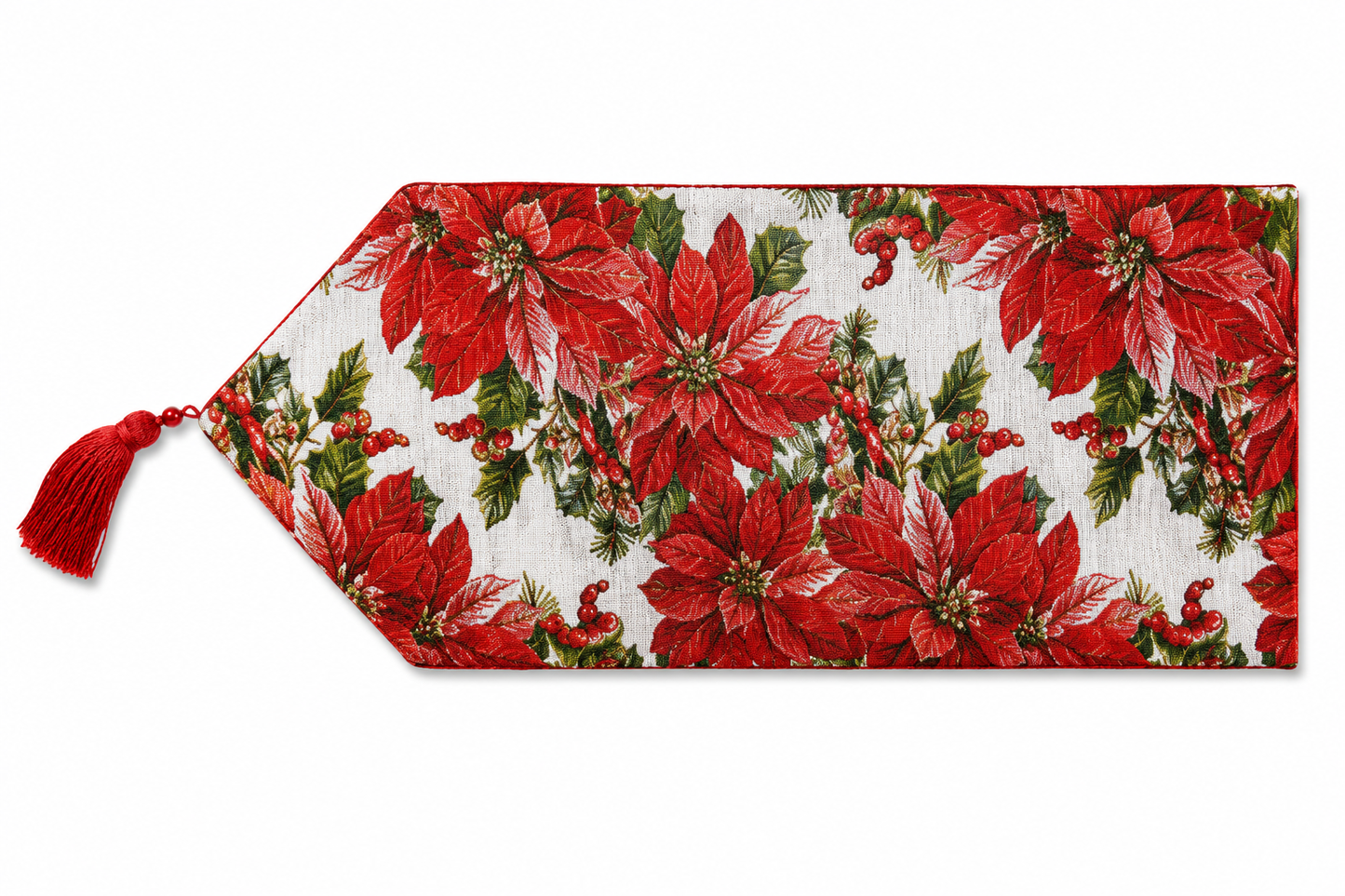 Christmas Poinsettia Table Runner with Tassels 33 x 180 cm