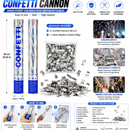 Party Popper - Silver Metallic Confetti Cannon Set 60cm