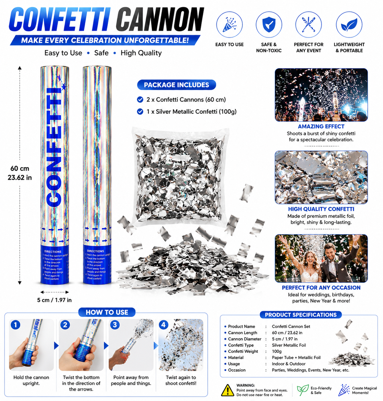 Party Popper - Silver Metallic Confetti Cannon Set 60cm