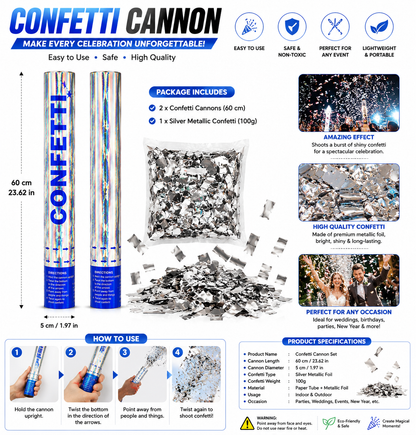 Party Popper - Silver Metallic Confetti Cannon Set 60cm