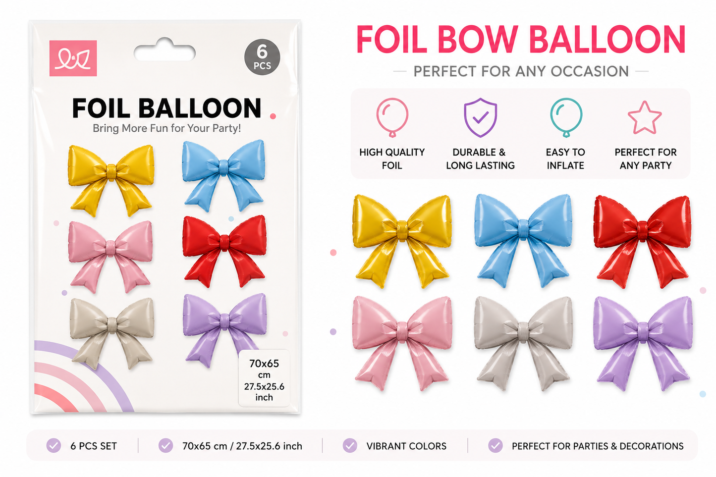 Foil Bow Balloons 6 Pack Multicolor