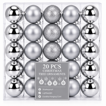 Silver Christmas Ball Ornaments 2 x 6 cm 20ct