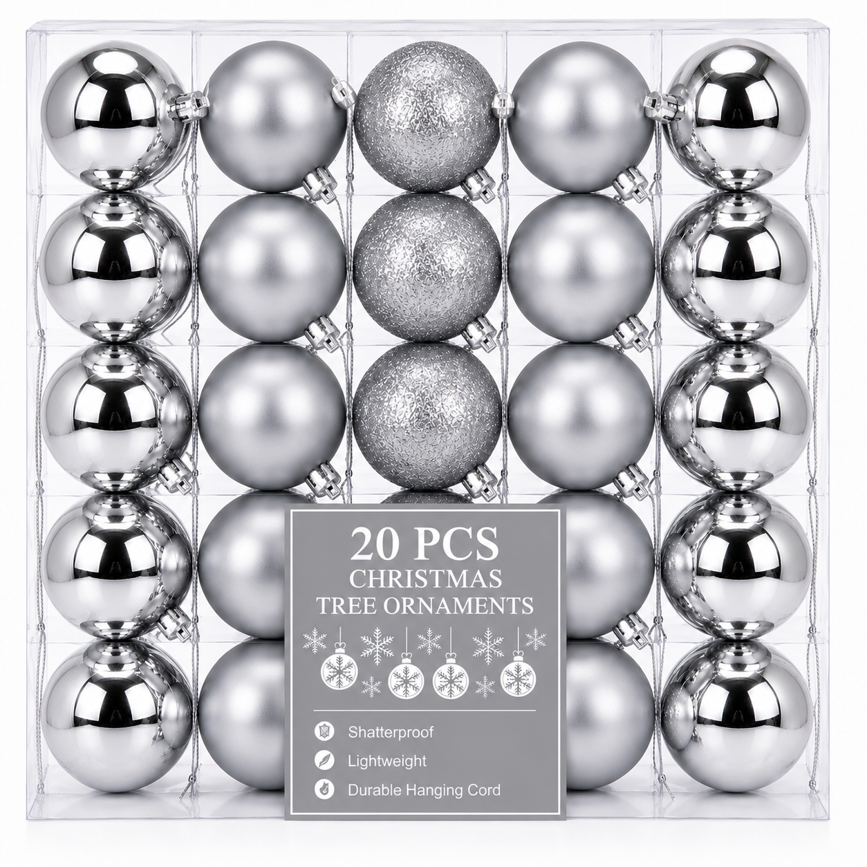 Silver Christmas Ball Ornaments 2 x 6 cm 20ct