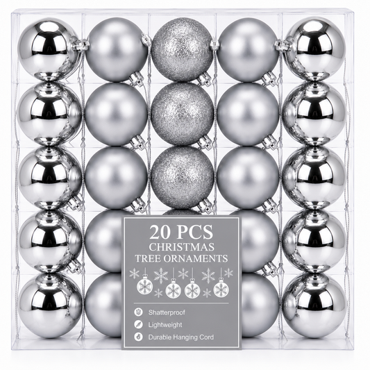 Silver Christmas Ball Ornaments 2 x 6 cm 20ct
