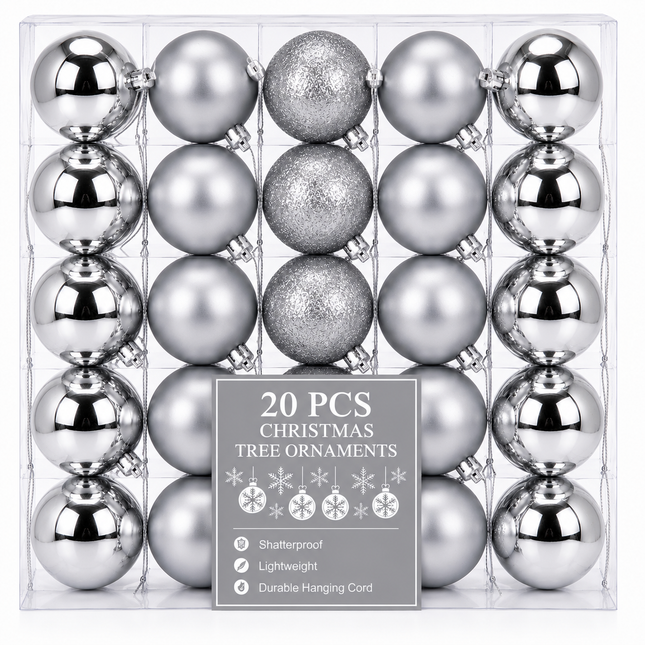 Silver Christmas Ball Ornaments 2 x 6 cm 20ct