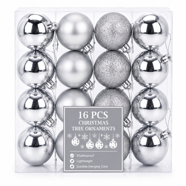 Silver Christmas Ball Ornaments 2 x 8 cm 16ct