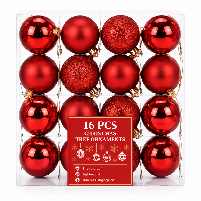 Red Christmas Ball Ornaments 4 x 8 cm 16ct