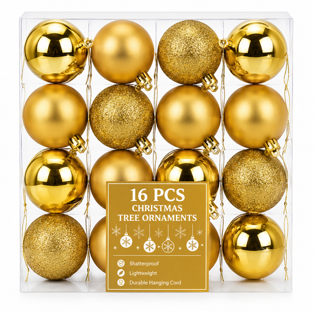 Gold Christmas Ball Ornaments 4 x 8 cm 16ct