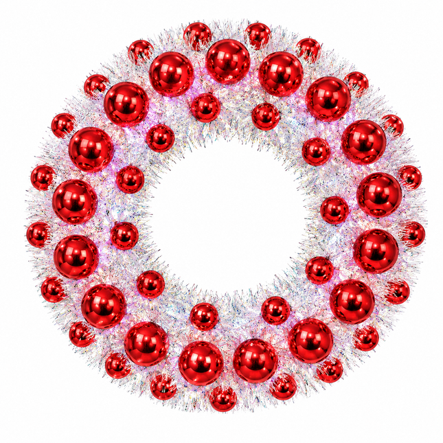 White Christmas Tinsel Wreath with Red Ornaments 45 cm