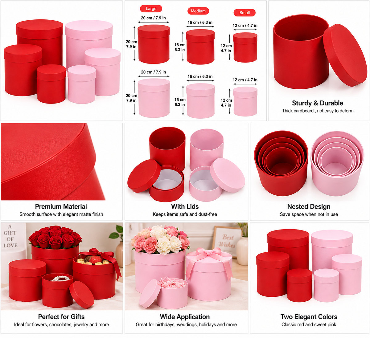Round Flower Gift Box with Lid - Red & Light Pink 3ct – 9.65x11.02", 9.06x10.24", 8.27x9.45"