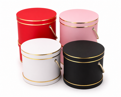 Round Gift Box with Lid & Rope Handle Gold Trim Pink, Red, White, Black 3ct - 8.46*7.99*4.53"