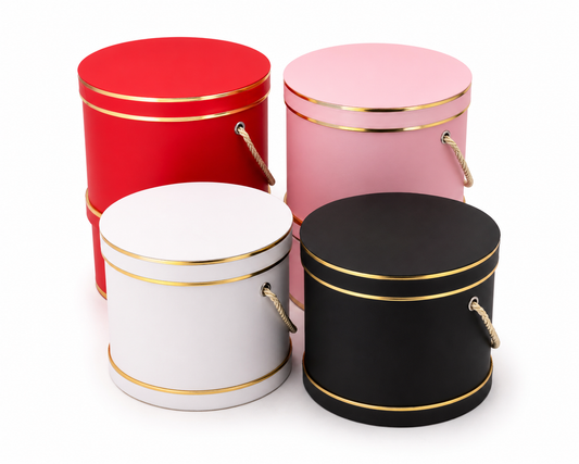 Round Gift Box with Lid & Rope Handle Gold Trim Pink, Red, White, Black 3ct - 8.46*7.99*4.53"