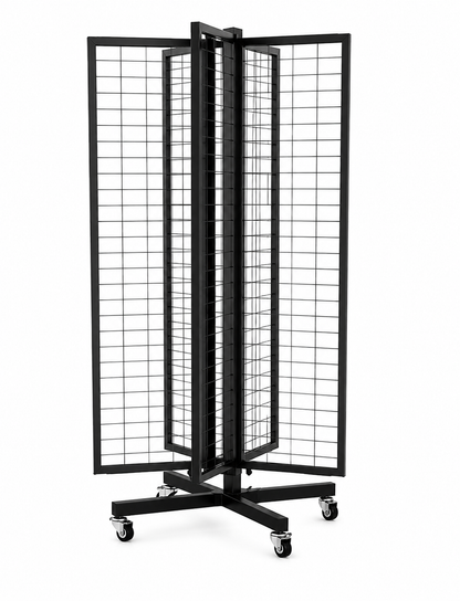 4-Sided Rotating Grid Display Rack with Wheels