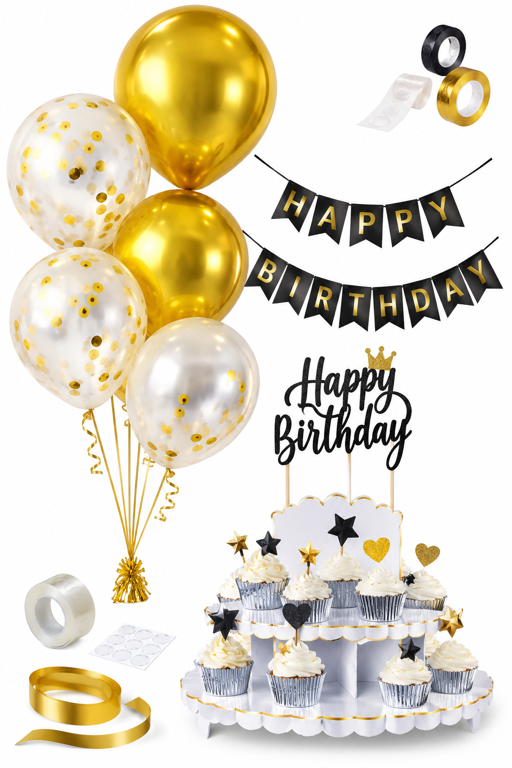 22" Black & Gold Happy Birthday Party Decoration Kit with Balloons