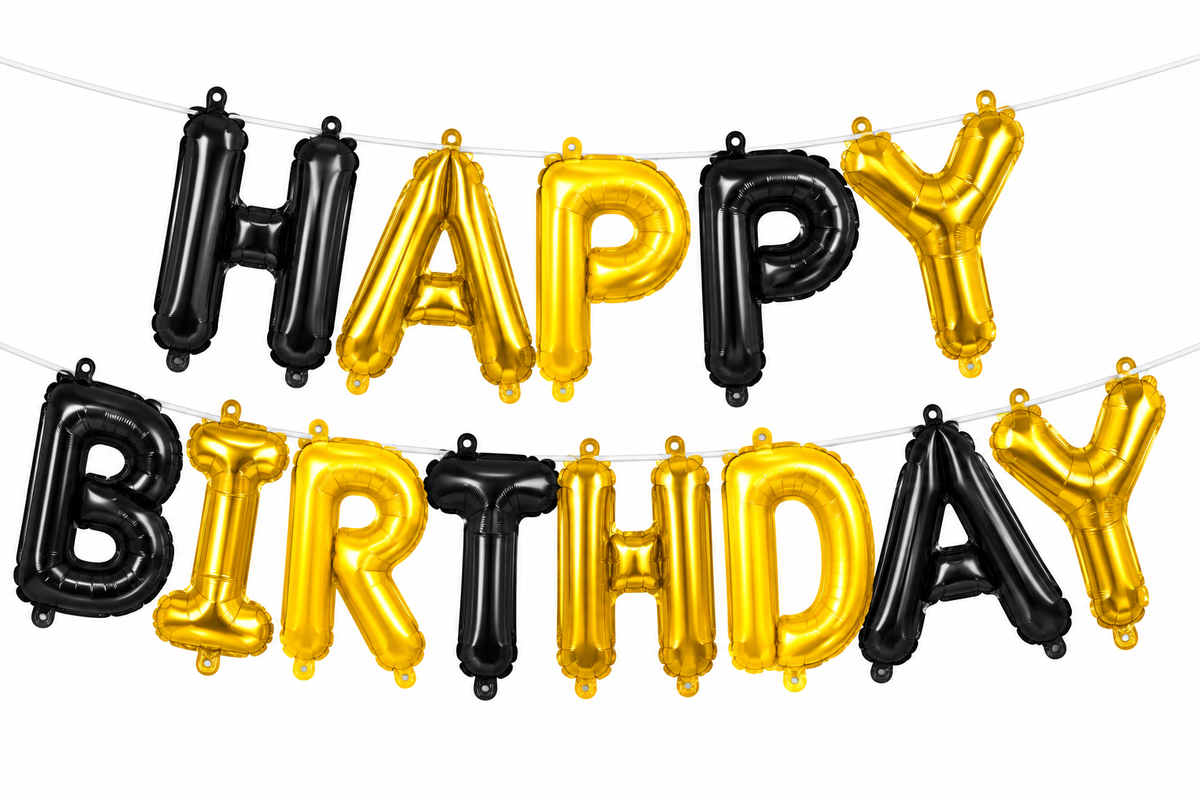 16" Black & Gold Happy Birthday Letter Foil Balloon Banner