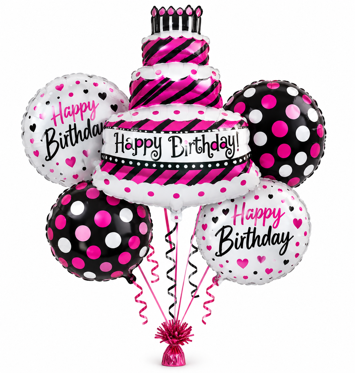 33"x18" Pink, Black & White Happy Birthday Cake Foil Balloon Bouquet