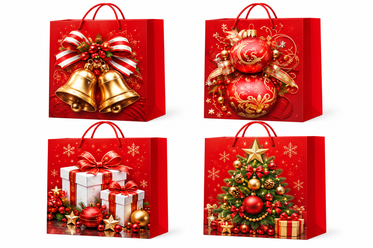 Christmas Gift Bag Red & Gold Bells, Ornaments & Christmas Tree Design - Small