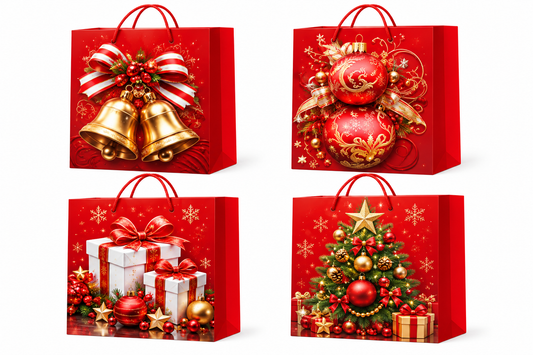 Christmas Gift Bag Red & Gold Bells, Ornaments & Christmas Tree Design - Small