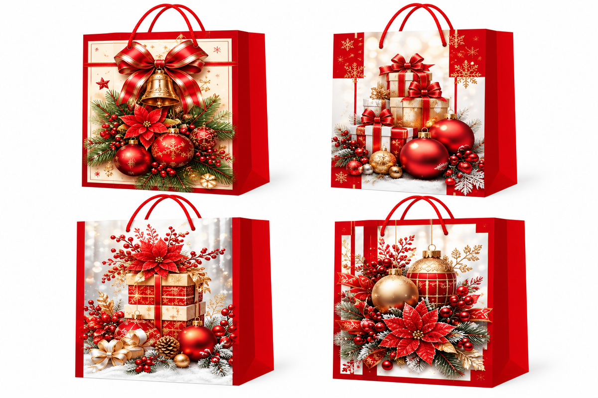 Christmas Gift Bag – Red & Gold Ornaments, Gifts & Poinsettia Design Small
