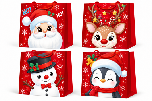 Christmas Gift Bag Santa, Reindeer, Snowman & Penguin Design - Medium