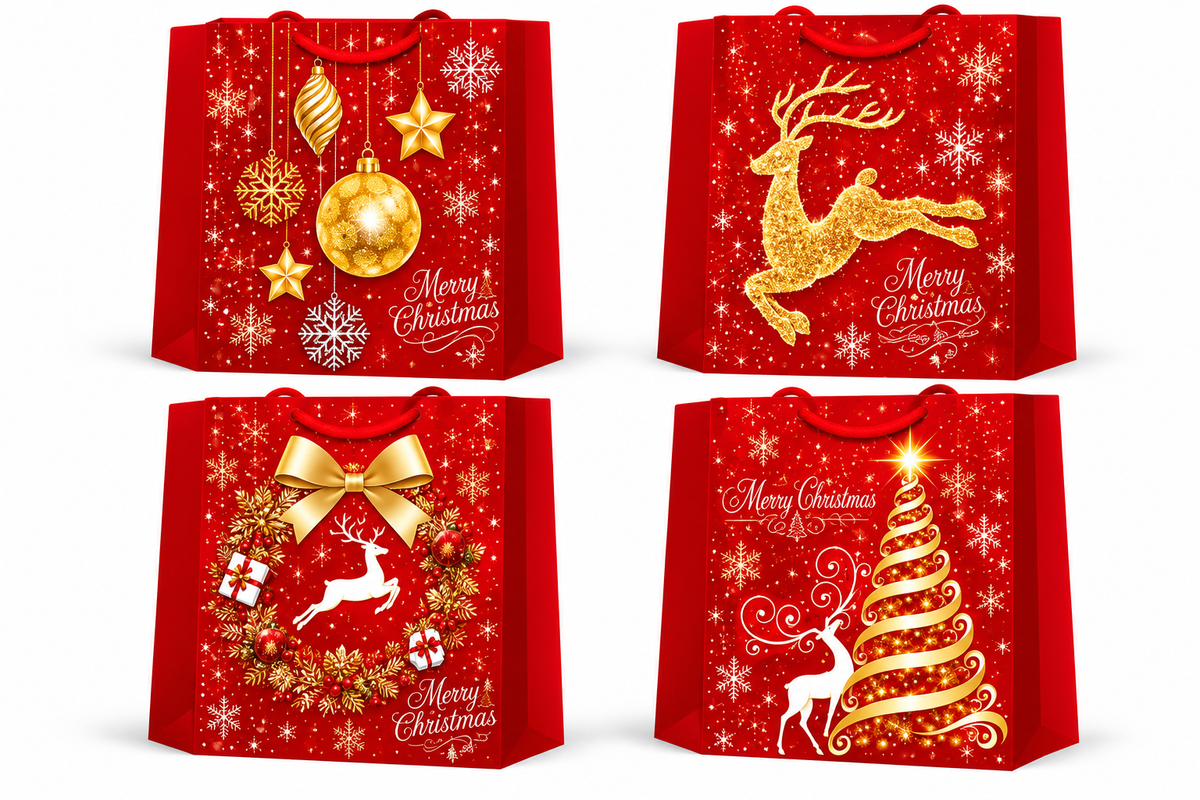 Christmas Gift Bag Red & Gold Reindeer, Ornaments Tree Design