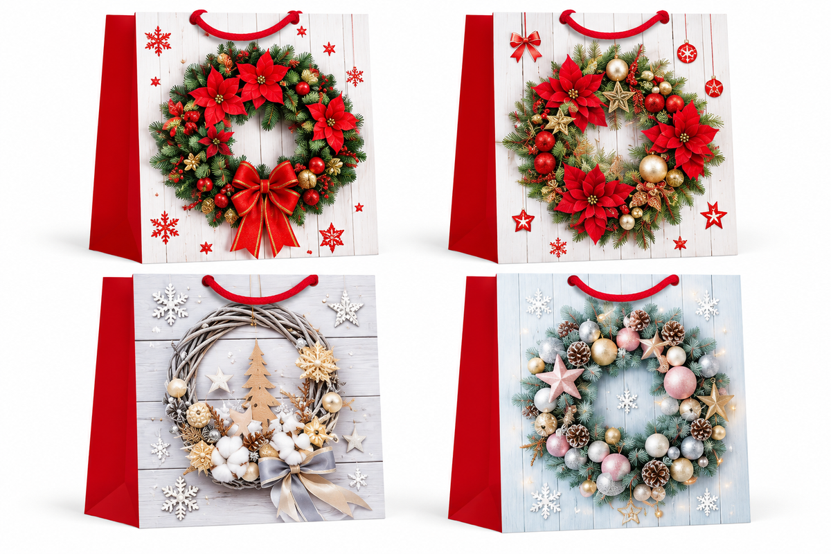 Christmas Wreath Gift Bag Festive Red, Green & Silver Design - Small