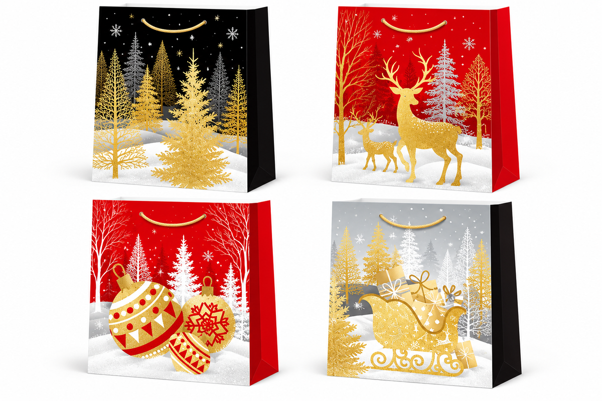 Christmas Gift Bag Gold Reindeer, Christmas Tree & Winter Design