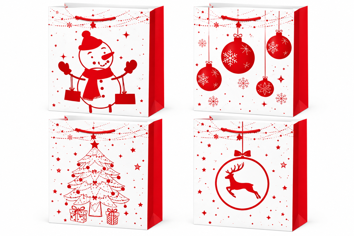 Christmas Gift Bags Assorted Snowman, Ornament, Tree & Reindeer Designs - 4.7” x 5.51” x 2.36”